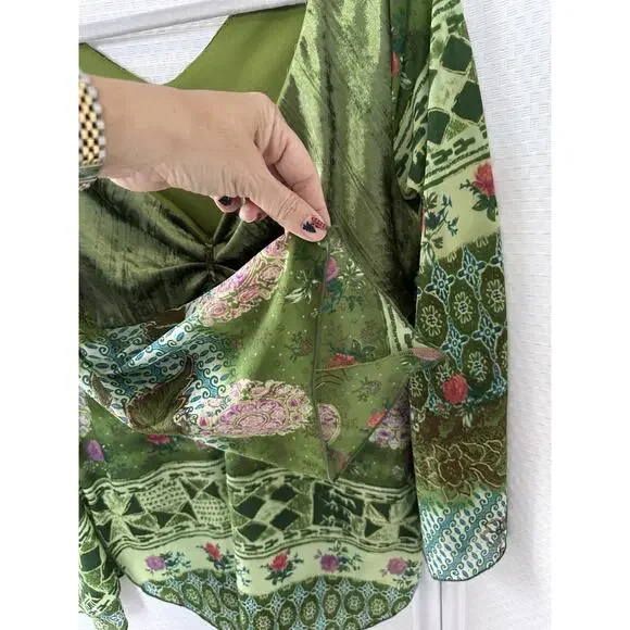 Dress Barn XL Fairycore Boho Y2K Green Velvet Patchwork Blouse Cottagecore Top - Picture 12 of 16